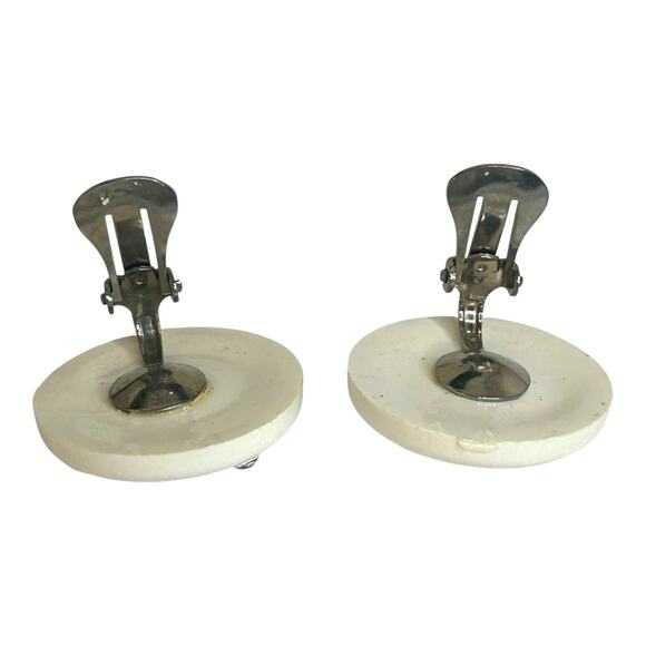 Vintage Celluloid White Light Blue Rhinestone Accents Round Clip On Earrings - Picture 2 of 4